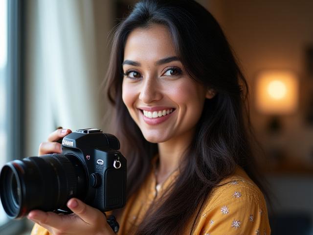 Professional portrait of Prakasha Studio's lead creative, a woman with warm smile holding a camera