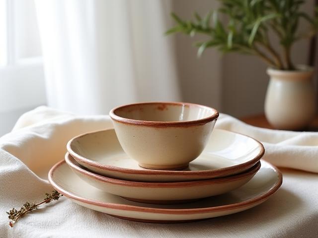 Artistic composition of stoneware dinnerware with delicate shadows