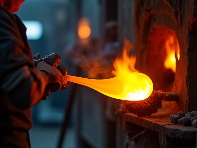 Dynamic shot of molten glass being shaped by a craftsman