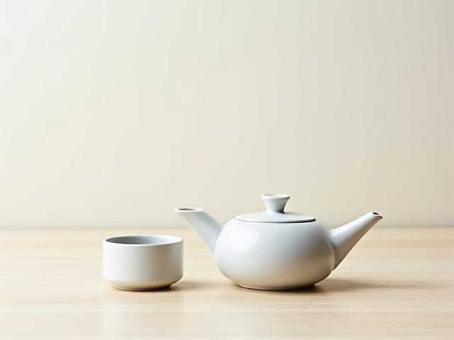 Modern minimalist ceramic tea set on a wooden surface