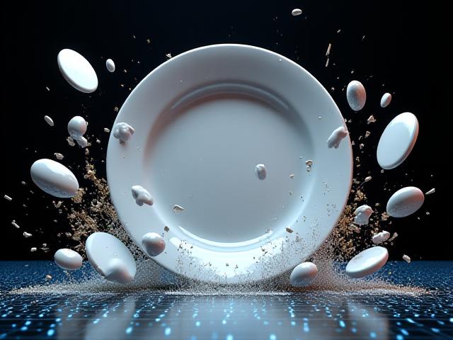 3D rendered explosion of a ceramic plate in digital space