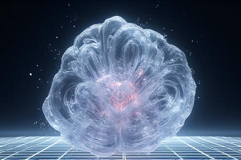 Photorealistic 3D render of an intricate glass sculpture rotating