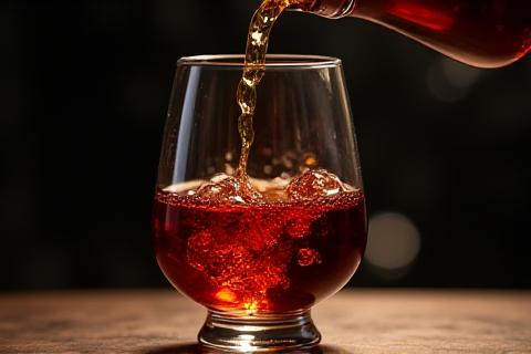 Still from a cinematic promotional video showing a liquid pour into a glass