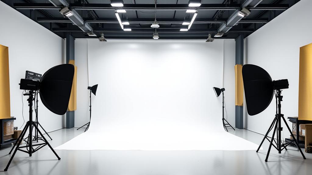 Wide shot of Prakasha Studio with various lighting equipment and camera setup